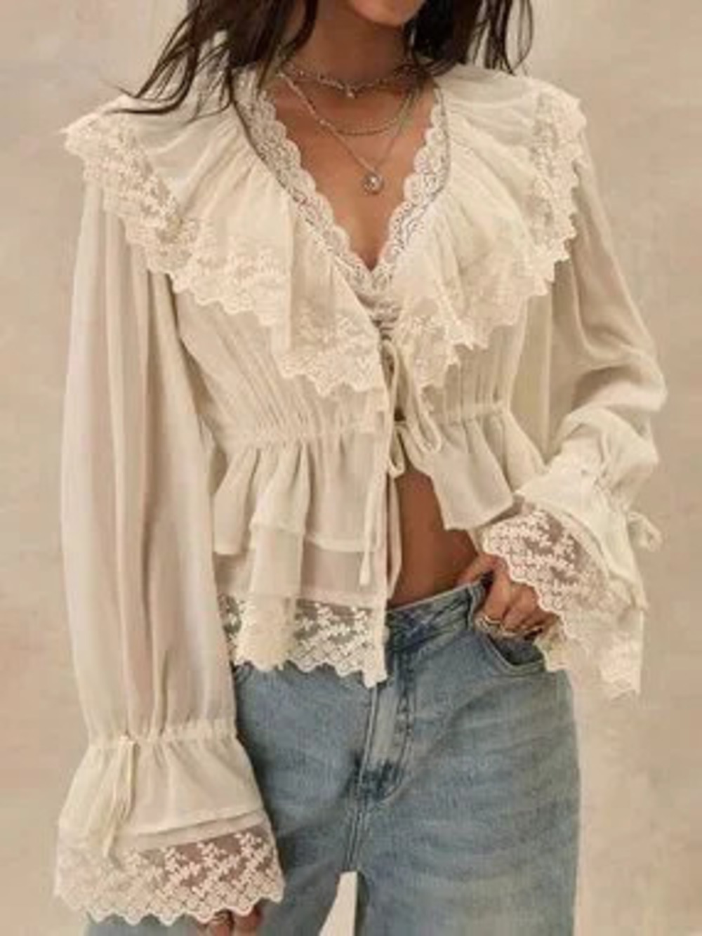 ZARA Apricot Casual Women's Bohemian Ruffled Collar Waist Lace Patchwork Blouse